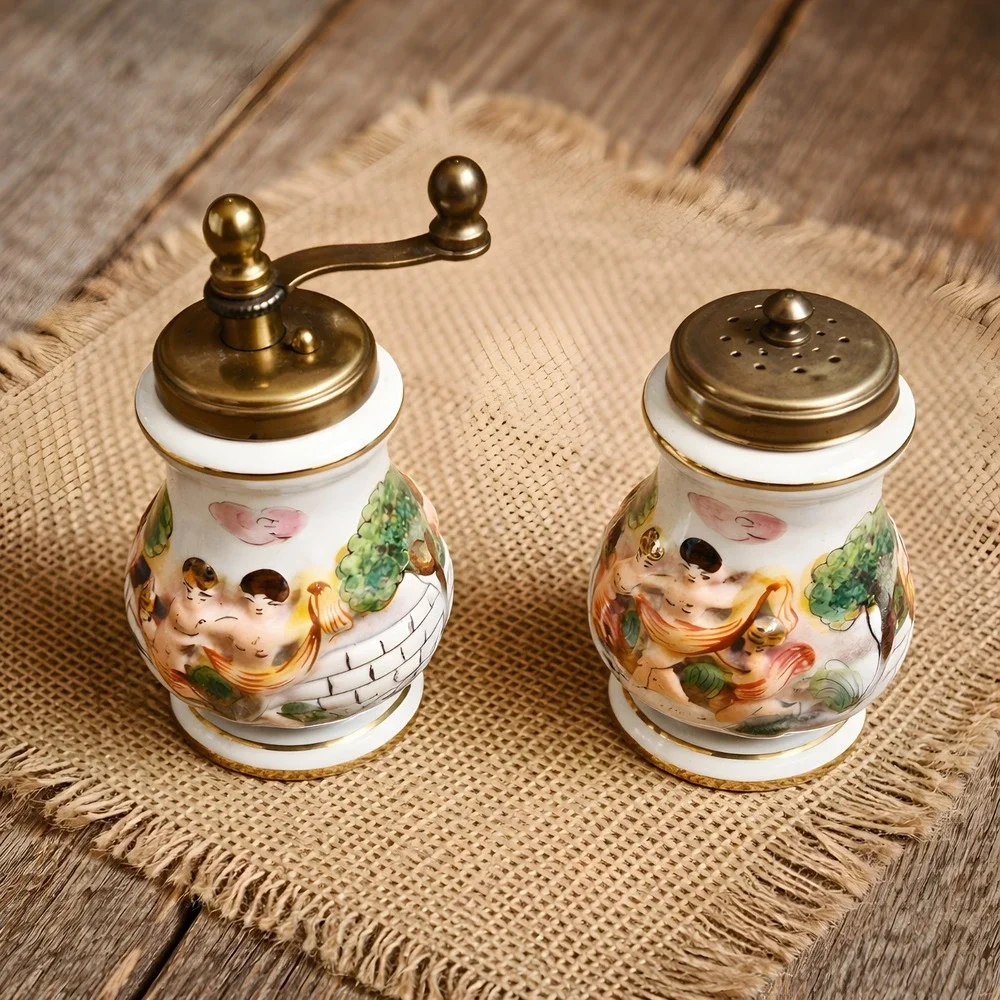 Capodimonte Porcelain Brass Salt Shaker Pepper Mill Cherubs Angels Italy Vintage